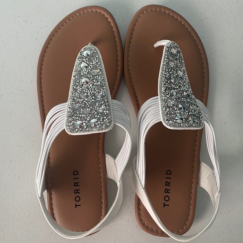White Rhinestone Torrid T-strap Sandals Size 9